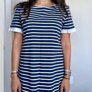 TORY BURCH Classic Nautical Navy Blue and Cream Striped Summer Mini Dress Size L